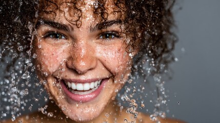A woman stands in front of a gray background. Water splashes around her as she smiles widely and shows her teeth.
