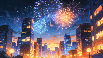 Vibrant city celebration with fireworks and urban night lights
