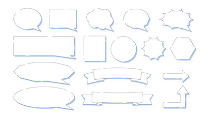 Simple speech bubble set with light blue shadow,flat design callouts:round,cloud, and ribobon,spiky,square