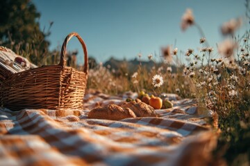 Naklejka premium Outdoor picnic scene with plaid blanket and wicker basket