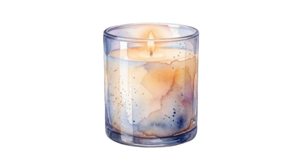 A lit candle in a glass container on transparent background