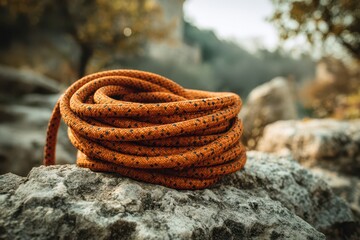 Fototapeta premium Outdoor rope detail: close-up of braided climbing rope against rock surface