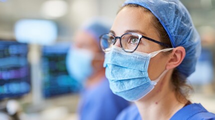 A medical worker wears a surgical mask and looks at monitors in a hospital. The worker is focused and attentive to the tasks at hand.