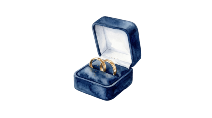 A watercolor illustration of two gold wedding rings in a luxurious blue velvet ring box on transparent background