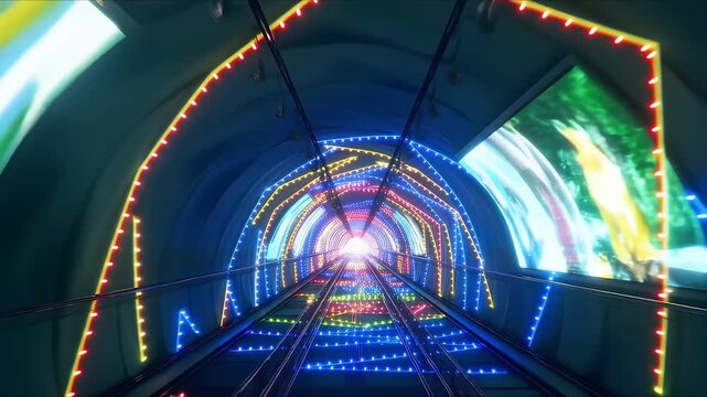 Colorful lights illuminate the tunnel. This video showcases colorful lights illuminating the tunnel, creating a captivating visual experience as viewers travel through a dazzling display of vivid colo