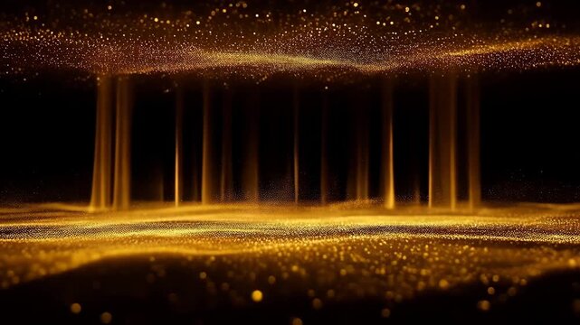 Golden Glitter Dust Waves with Elegant Vertical Light Beams on Black Background