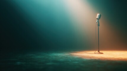 A microphone stands alone on a stage with lights shining down. The focus is on the microphone in the empty space for a show.