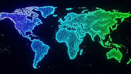 Futuristic World Map Digital Illustration Formed by Glowing Neon Dots and Luminous Lines, Representing Global Connectivity and Digital Globalization, Vibrant Neon Colors with Dynamic Lighting, Modern 