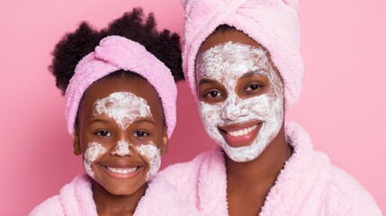 Mother and daughter apply face masks during a fun spa day in front of a pink wall, both wearing matching robes and towels.