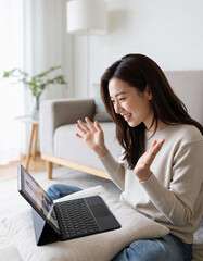 Happy asian woman using laptop computer while sitting on sofa at home