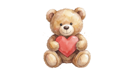 A cute teddy bear holding a red heart on transparent background