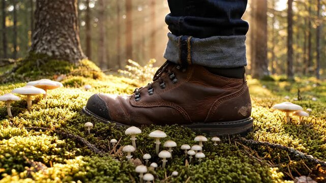Hiker boot on mossy forest ground