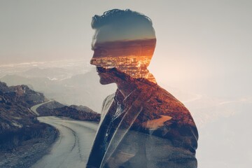 Fototapeta premium Path to Growth: A steadfast figure facing challenges as layered landscapes unfold toward a brighter horizon