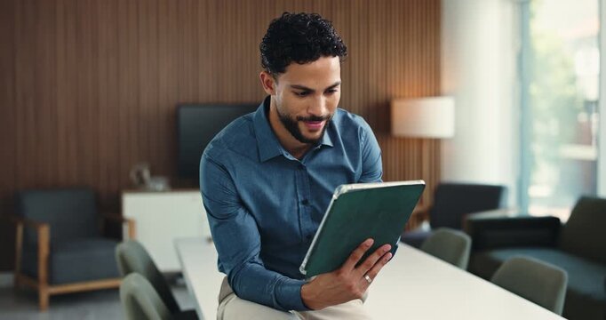 Journalist, reading or man in office with tablet, draft review or research for article update. Digital, smile or person in agency with tech, report development or source feedback for publication.