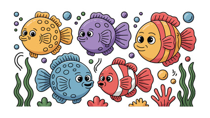 Colorful Cartoon Fish Underwater: A whimsical illustration featuring a variety of charming, cartoonish fish swimming amongst vibrant aquatic plants, all under the sea
