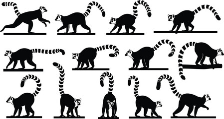Sequence of black silhouettes of ring‑tailed lemurs walking and running with striped tails for wildlife motion, biology, and animation design © Irin Akter