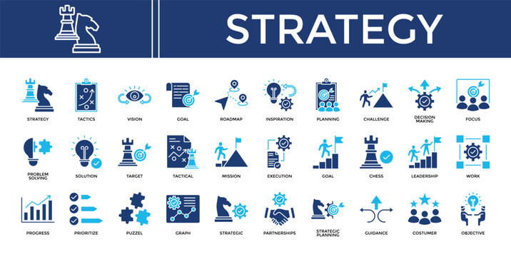 Strategy icon set collection. Containing issue, develop, mind, guidance, progress, decision, leadership .Solid vector icons collection