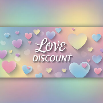 Love Discount Banner: A visually appealing banner showcasing pastel colored hearts, promoting a love-themed discount, and expressing affection. 