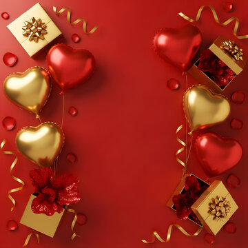 Love's Embellishment: Gilded and scarlet heart-shaped balloons and neatly wrapped gifts on a vibrant crimson canvas, complemented by scattered rose petals and shimmering ribbons.