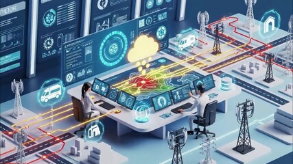 Two professionals analyzing data in a modern tech control room with cloud computing - Powered by Adobe