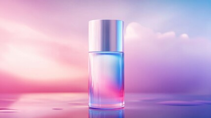 A sleek, modern perfume bottle with a gradient of pastel colors against a dreamy, ethereal backdrop