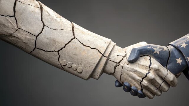 A symbolic image of a handshake with cracks, representing broken agreements and fragile alliances