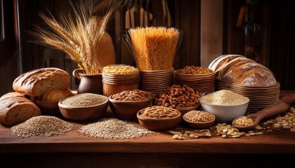 An Assortment Of Grains Nuts Breads And Pastas Are Arranged On A Wooden Countertop Creating A Scene That Is Wholesome And Rustic