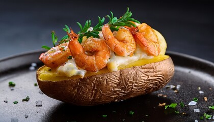 A Delicious Loaded Baked Potato Topped With Grilled Shrimp And Garnished With Herbs On A Dark Background