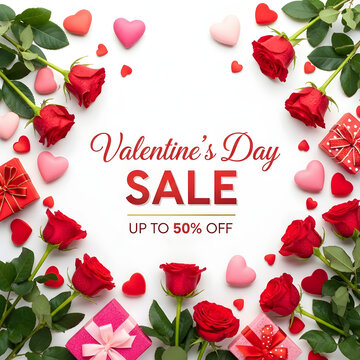 Valentine's Day Sale Announcement: A vibrant Valentine's Day sale promotion, featuring a captivating assortment of red roses, heart-shaped candies, and charming gift boxes.