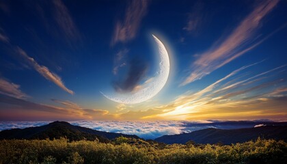 Crescent Moon Over Dreamy Clouds In A Nature Background