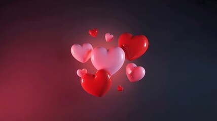 A cluster of shiny red and pink heart shaped balloons floating in air against a dark gradient background with soft lighting for valentines day or love themed concepts