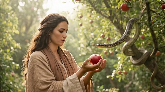 Beautiful Biblical Woman Eve Holding Red Apple Looking at Serpent Snake Coiled around Tree Branch Depicting Original Sin and Temptation in Garden of Eden History Scene