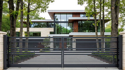 Modern house with black metal gate and large windows