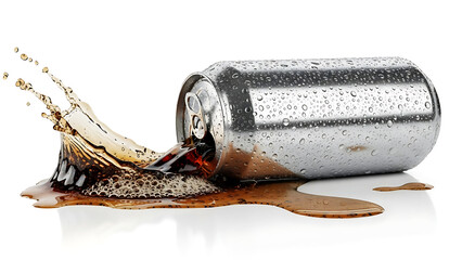 Falling can of soda spilling out liquid on white background