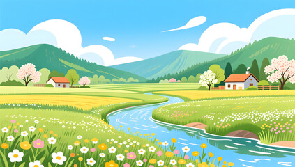 Beautiful spring field landscape with wildflowers and mountains