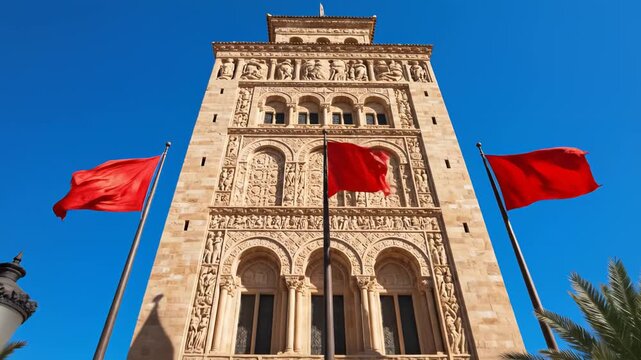 ornate stone building with red flags