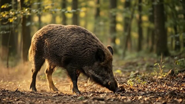 Wild boar running through a sunlit forest kick up dust from the ground in autumn