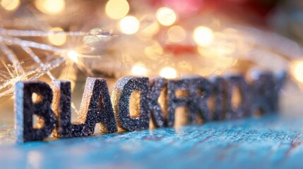 Black Friday letters shine on a table with colorful lights in the background, creating a festive scene.