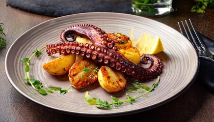 Gourmet Seafood Dish With Grilled Octopus And Potatoes Garnished With Fresh Herbs