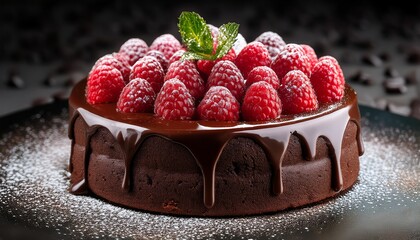 A Decadent Chocolate Cake With Glossy Ganache Fresh Raspberries And Powdered Sugar On Top