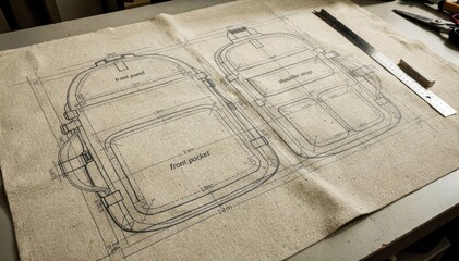 Medium shot from above reveals backpack pattern components neatly traced and nested on sturdy canvas emphasizing design precision for durable outdoor gear manufacturing.