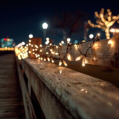 Obraz premium A wooden railing adorned with string lights, casting a warm glow against a dark background, with a blurred cityscape in the distance.