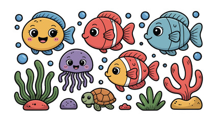 Naklejka premium Aquatic Delight: A vibrant collection of animated aquatic creatures, a playful illustration celebrating marine life. 