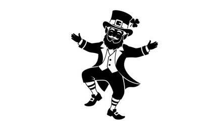 A cheerful leprechaun in a black and white illustration dancing with a big smile
