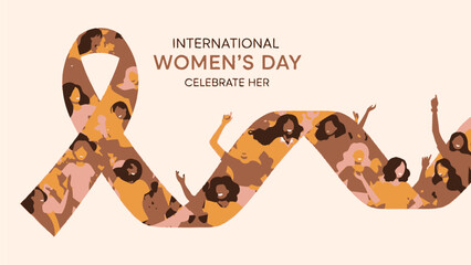 International women's day celebration with diverse group of women in ribbon design
