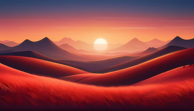 Minimalist Fantasy Landscape In Warm Sunset Colors A Modern Flat Illustration Showing A Fantasy Landscape At Sunset With Soft Gradients Red Grass And Stylized Hills