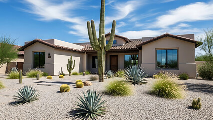 Beautiful modern house with desert landscaping and cacti in the front yard