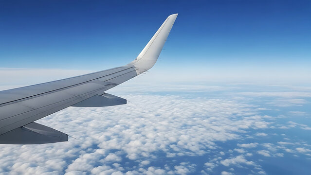 A plane wing flying high above the clouds under blue sky
