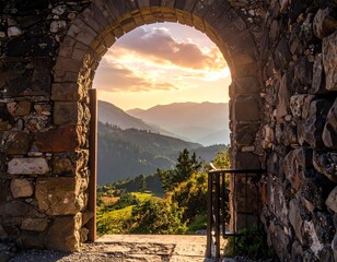 Stone Archway Overlooking a Mountain Valley at Sunset.