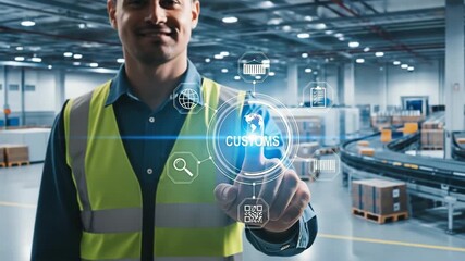 Warehouse worker interacting with a hologram about the concept of factory and technology.